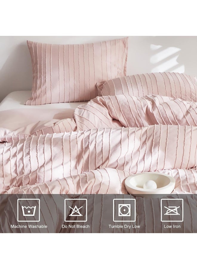 WARMDERN Pink Tufted Duvet Cover Set Queen Size, Striped Textured Duvet Cover Boho Bedding Set, 3 Pcs Ultra Soft Washed Microfiber Duvet Cover with Zipper Closure (Queen, Pink) - Image 4